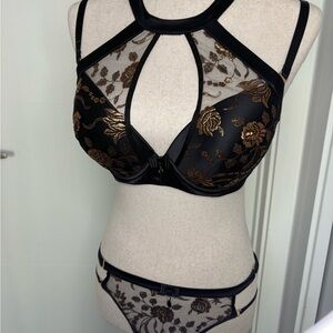 NWT Honey Birdette Amber Black and Rose Gold Lace Lingerie Set